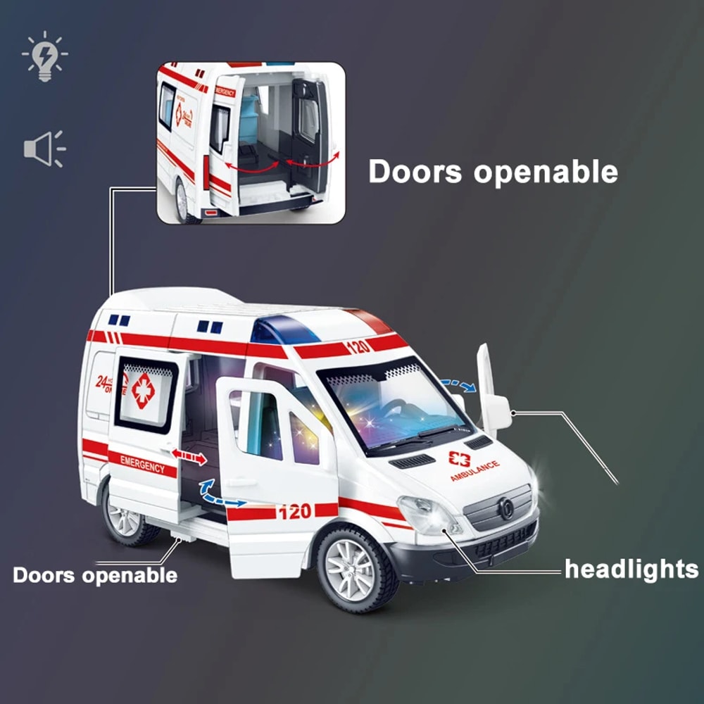 Mini Diecast Emergency Vehicle Model Set Ambulance, Fire Truck, and Police Car with Sound Light for Boys