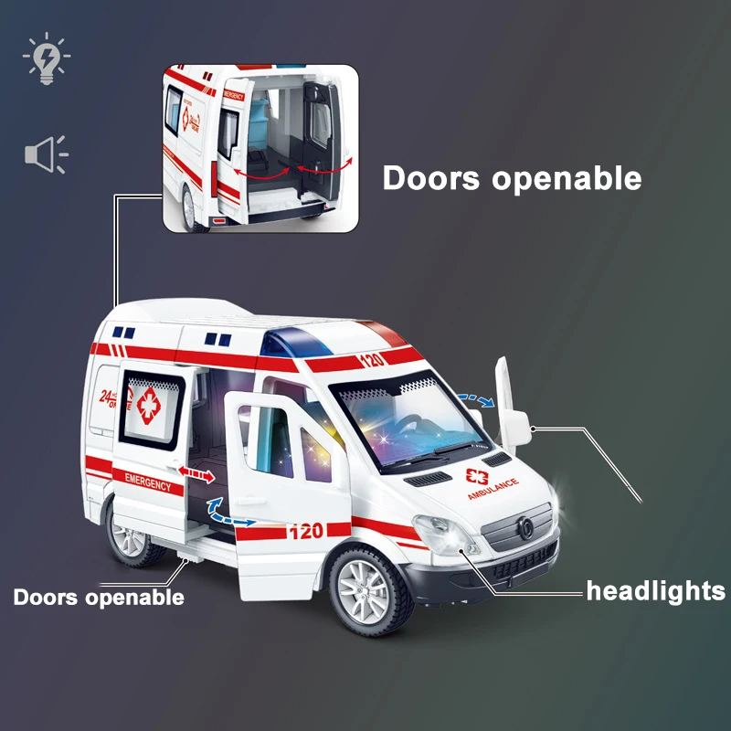 Mini Diecast Emergency Vehicle Model Set Ambulance, Fire Truck, and Police Car with Sound Light for Boys