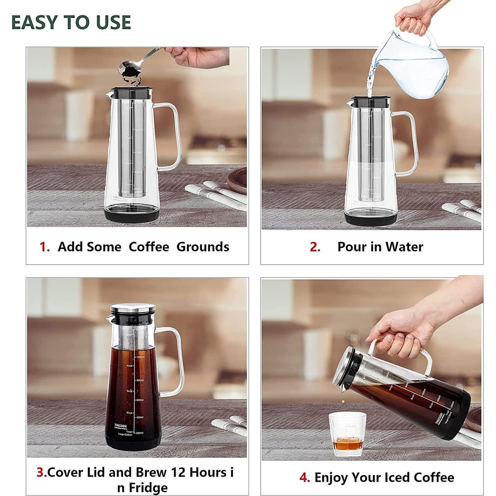 Airtight Cold Brew Coffee Maker Tea Infuser Glass Carafe with Stainless Steel Filter