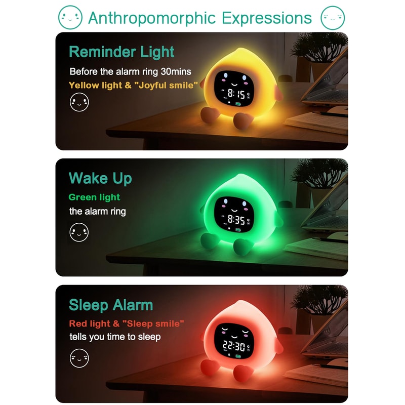 Smart Kids Alarm Clock with Sleep Training Light and Rechargeable Night Light for Gentle Wake Up