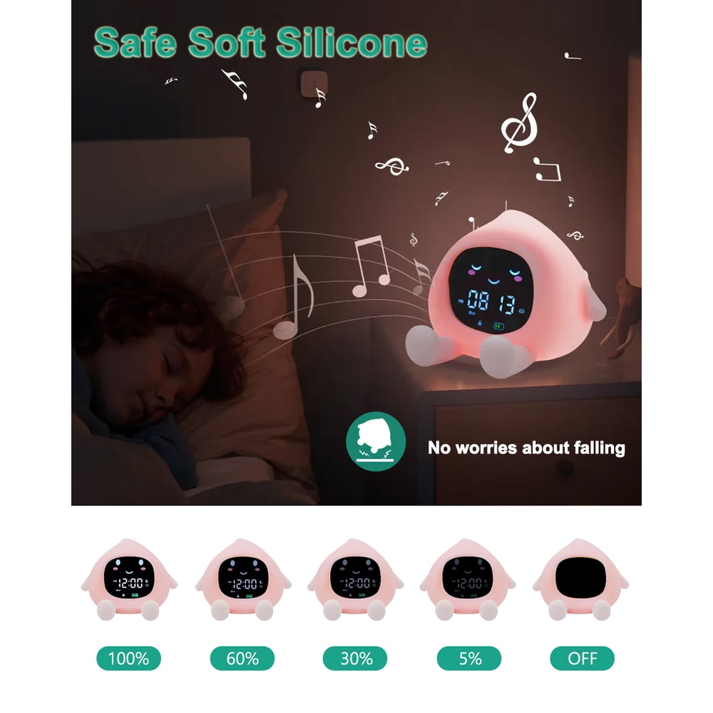 Smart Kids Alarm Clock with Sleep Training Light and Rechargeable Night Light for Gentle Wake Up