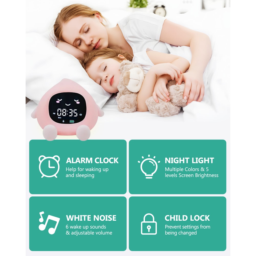 Smart Kids Alarm Clock with Sleep Training Light and Rechargeable Night Light for Gentle Wake Up