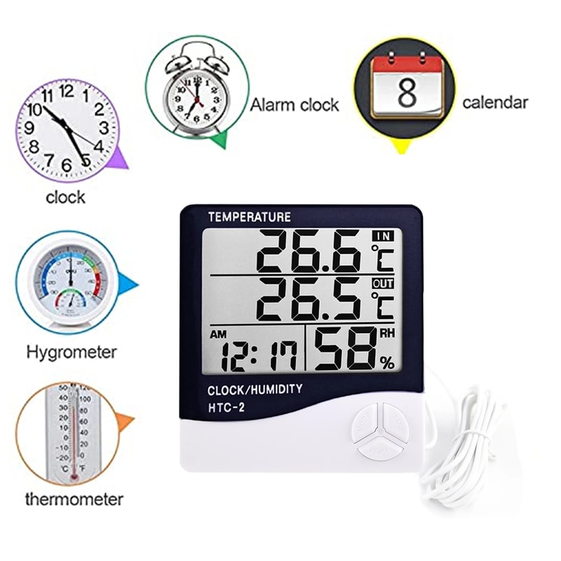 LCD Digital Temperature And Humidity Meter With Weather Station Clock Indoor Outdoor Thermometer Hy