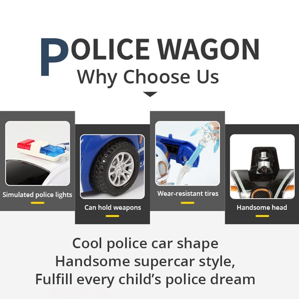 Blue Police Car Toy for Boys One-Button Deformation Inertia Impact, Collision Transforming Action