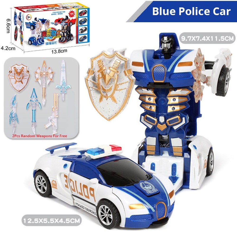 Blue Police Car Toy for Boys One-Button Deformation Inertia Impact, Collision Transforming Action