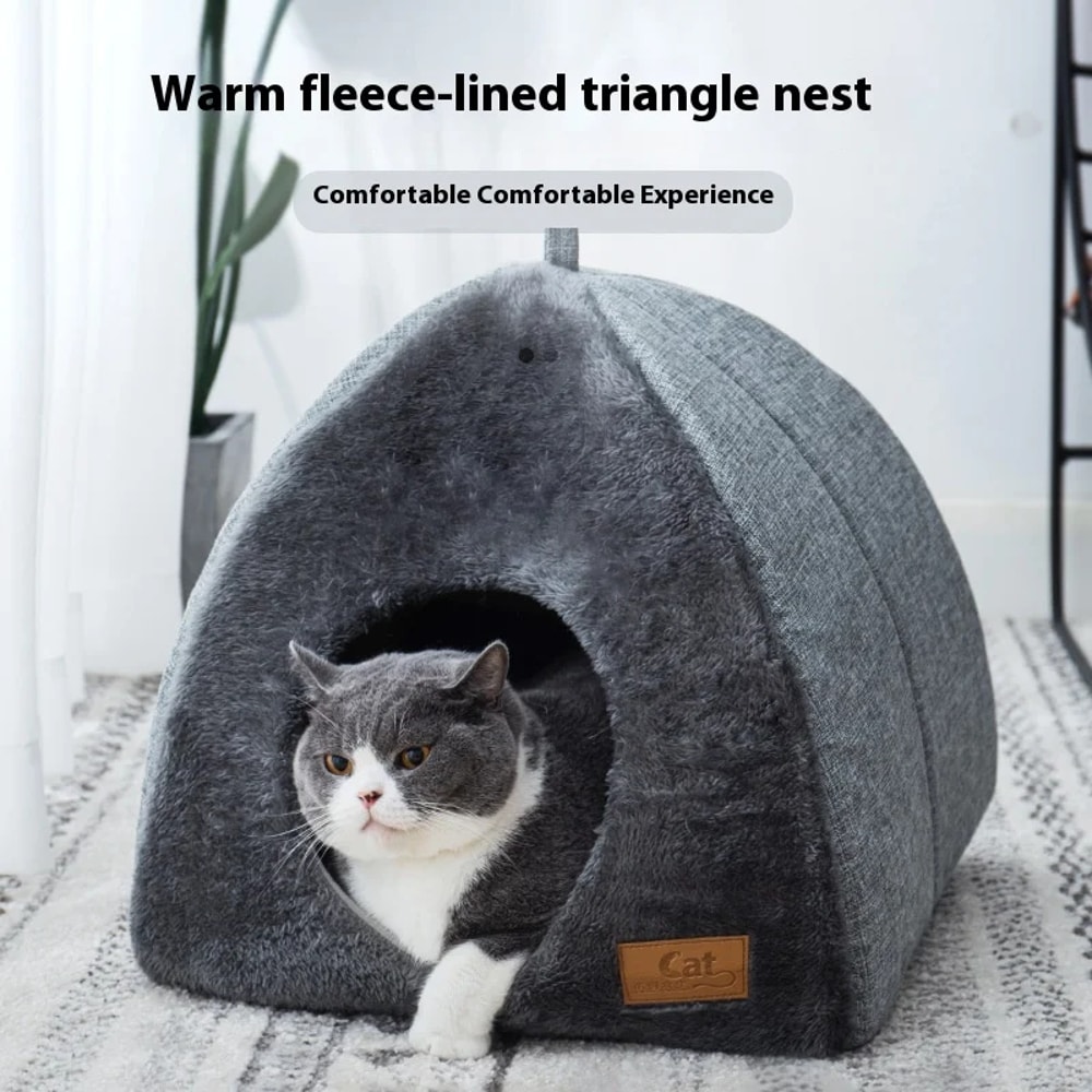 Indoor Plush Warm Cat House Thickened Triangle Closed Cat Bed Pet Nest For Deep Sleep 0