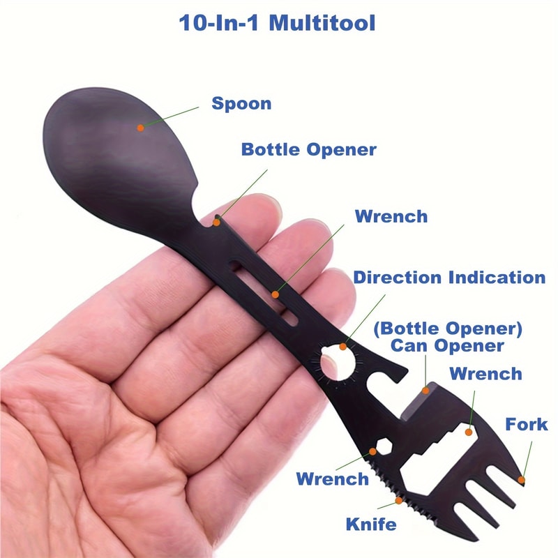 Multifunctional Survival Whistle Knife with Spork, Wrench, Bottle Opener Spoon Essential Outdoor Tool for Camping