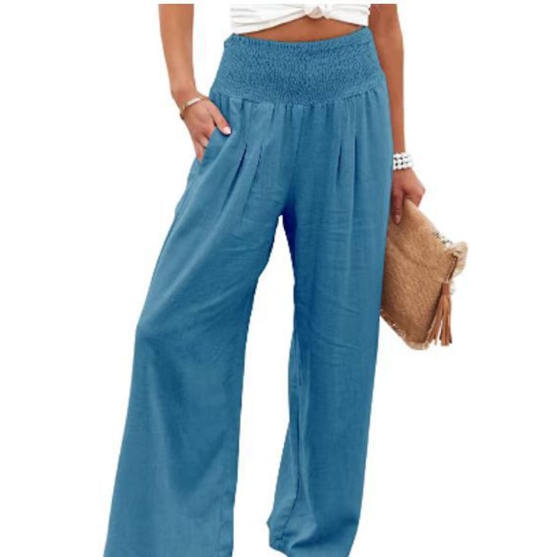 Womens Casual Drawstring Pants Mid Waist, Beach Wide Leg, Spring Summer Comfort