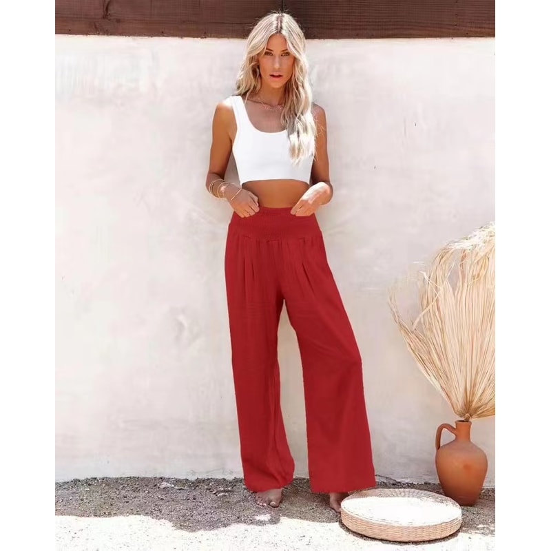 Womens Casual Drawstring Pants Mid Waist, Beach Wide Leg, Spring Summer Comfort