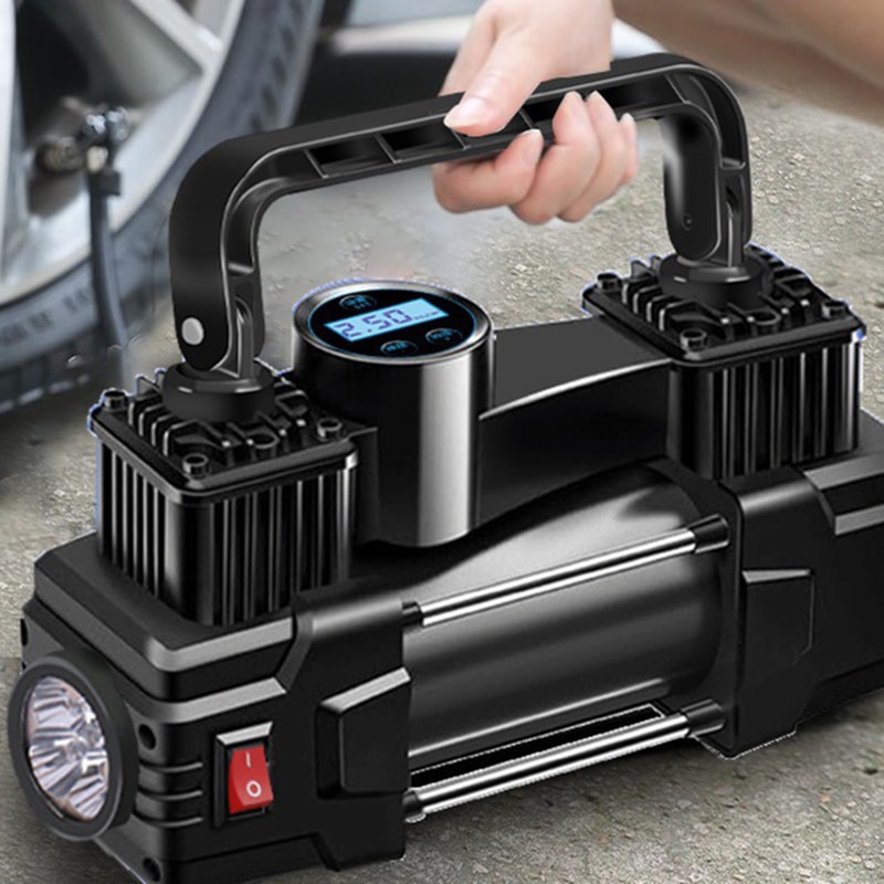 Mini Air Compressor Dual Cylinder Heavy Duty Tire Inflator with LED Light Portable Car Electric Air Pump