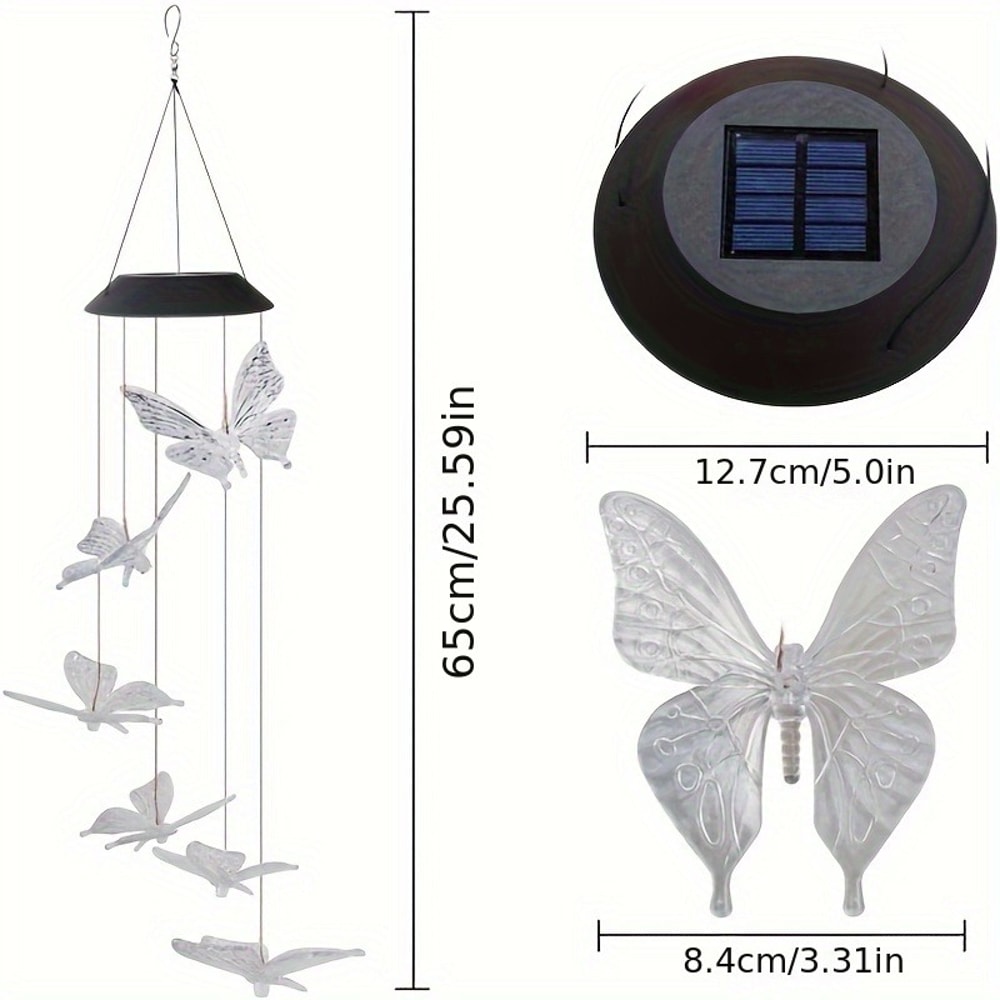 Color Changing LED Butterfly Dragonfly Hummingbird Solar Wind Chimes, Outdoor Waterproof Wind Chimes for Garden Patio