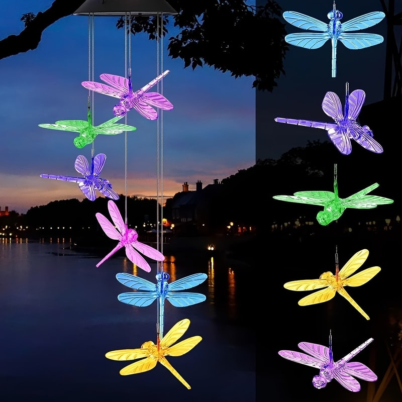Color Changing LED Butterfly Dragonfly Hummingbird Solar Wind Chimes, Outdoor Waterproof Wind Chimes for Garden Patio