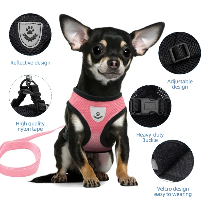 Reflective Adjustable Pet Harness for Small Dogs and Cats Breathable Polyester Mesh Vest with Leash