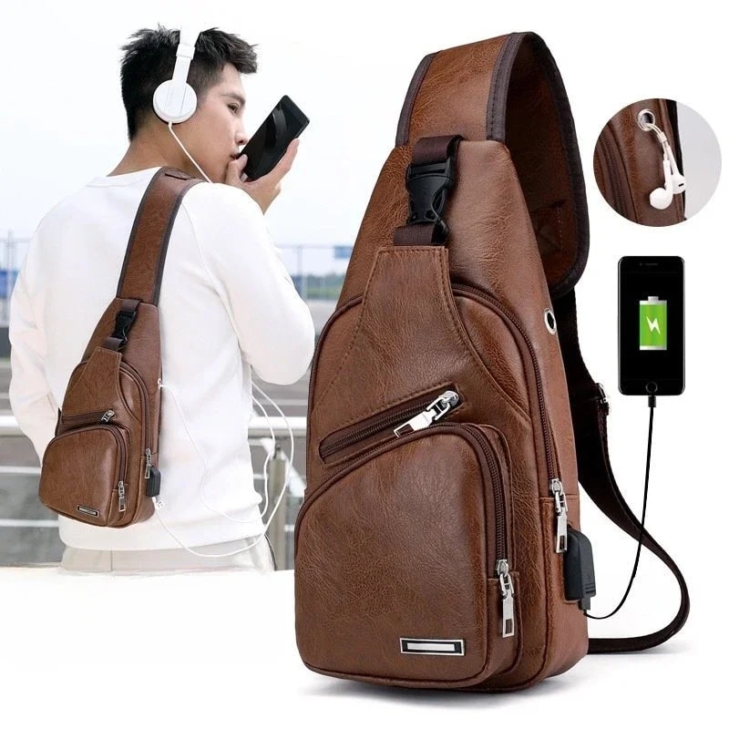 UrbanCharge Mens Chest Bag USB Charging Crossbody Sling Bag in PU Leather