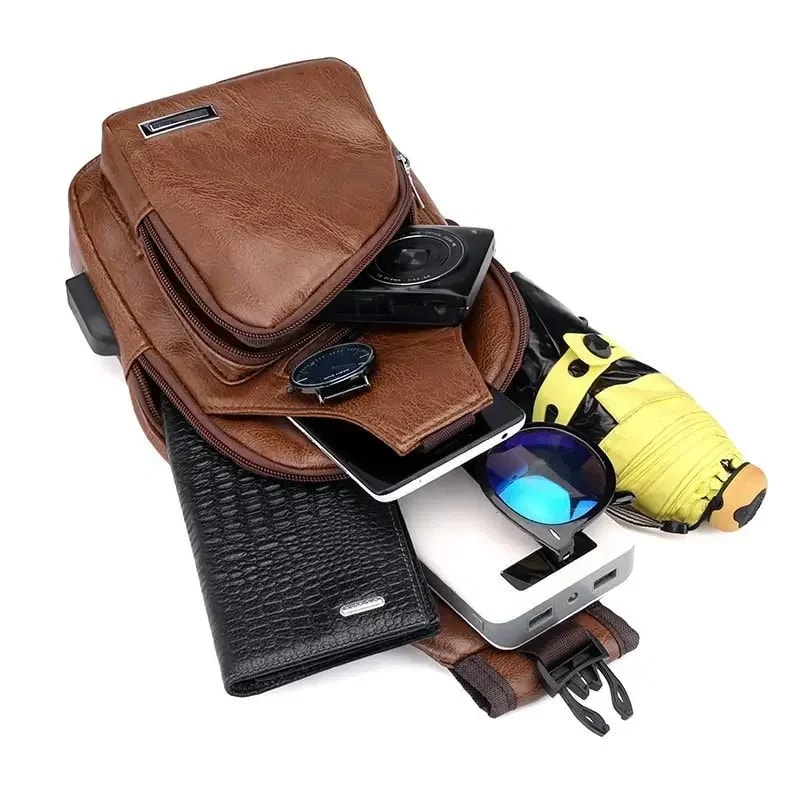 UrbanCharge Mens Chest Bag USB Charging Crossbody Sling Bag in PU Leather