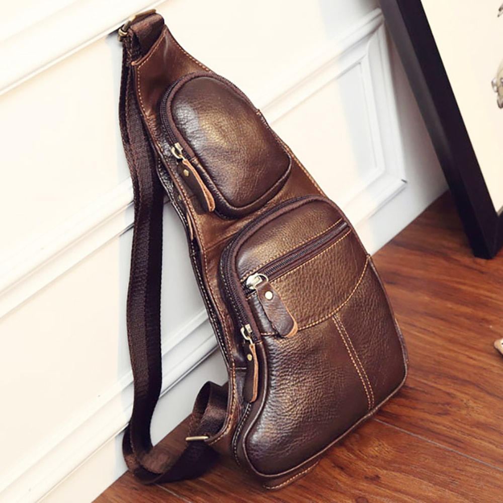 Genuine Leather Sling Bag for Men Retro Crossbody Chest Travel Backpack