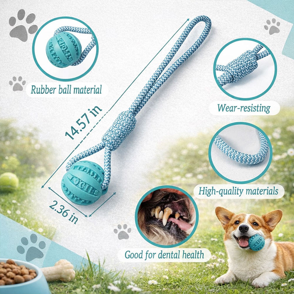 Interactive Dog Tug Toy with Rubber Ball Durable Rope Training Toy for Small Medium Dogs