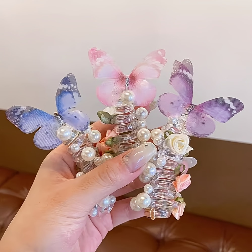 Girls Braided Hair Tie with Butterfly Rose Accent Soft Childrens Hair Accessory