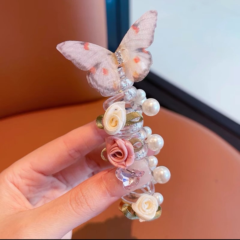 Girls Braided Hair Tie with Butterfly Rose Accent Soft Childrens Hair Accessory