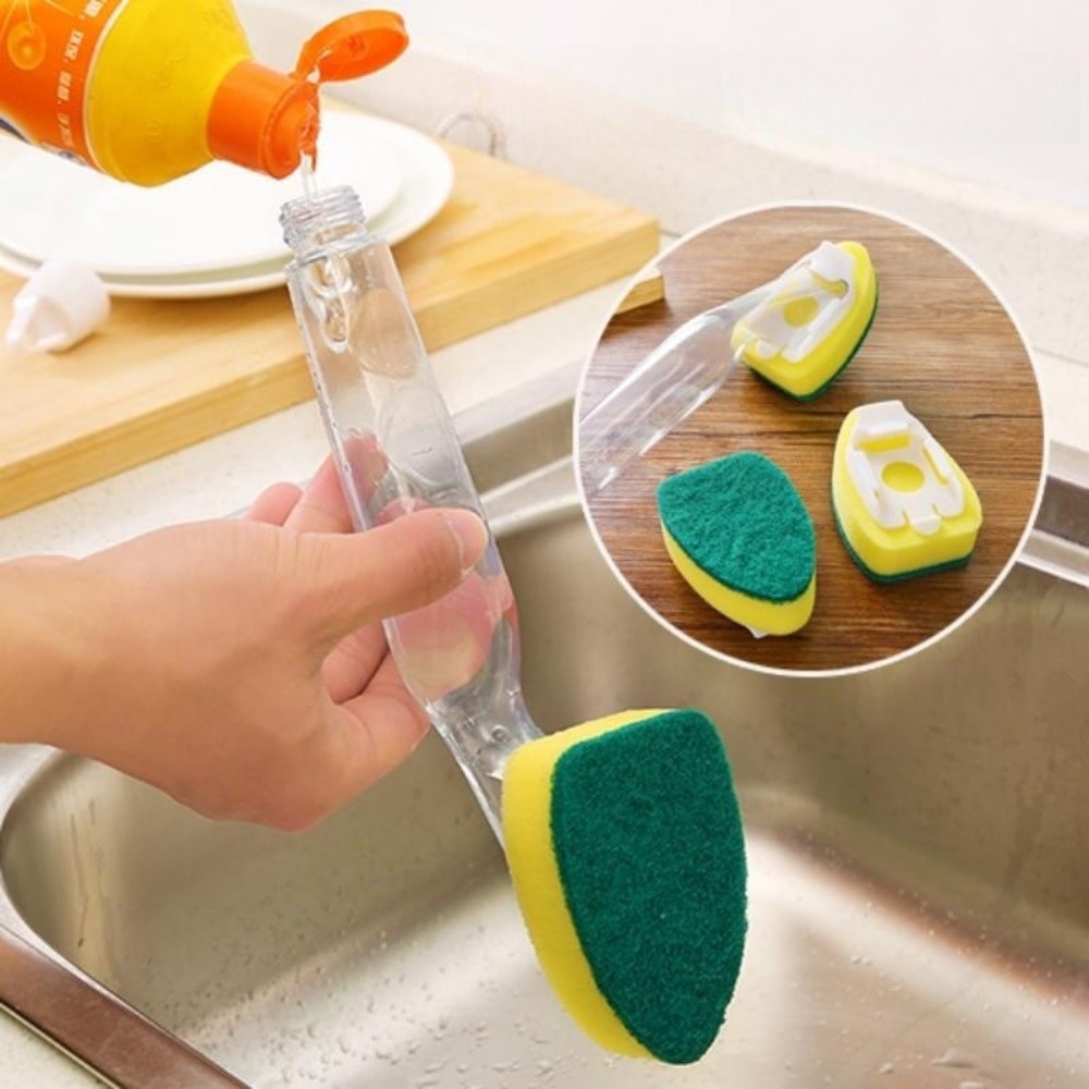 Ergonomic Long-Handle Kitchen Sponge Scrubber for Dishes Surfaces