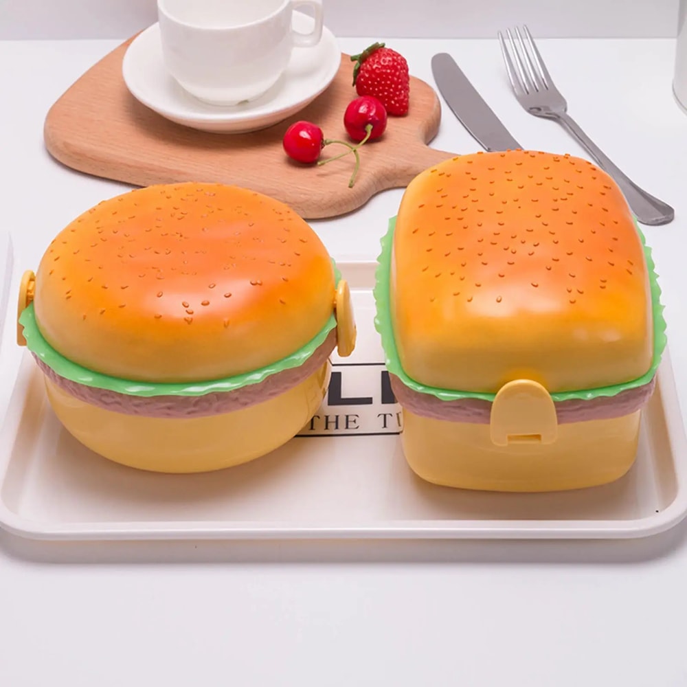 Double Tier Kids Bento Box Hamburger Lunch Container With Fork Microwave Safe Cute Food Box 1