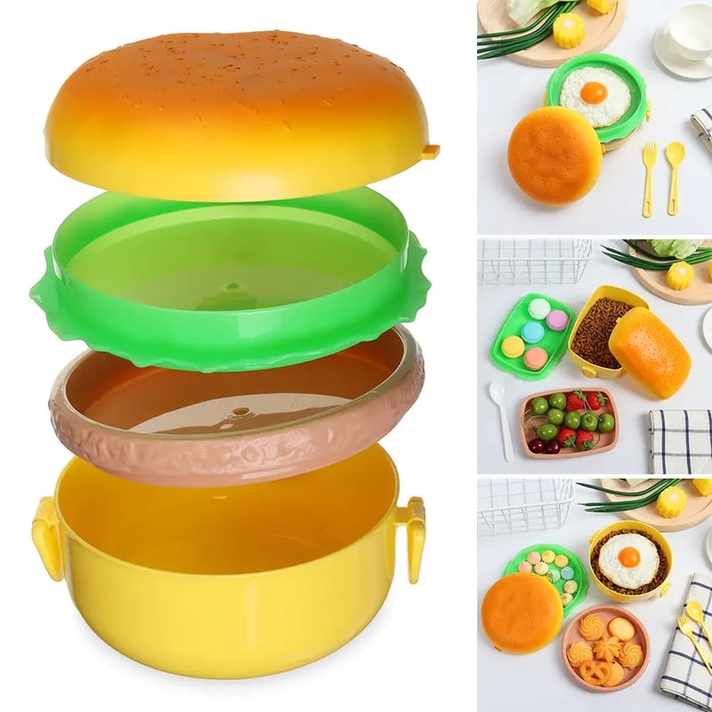 Double Tier Kids Bento Box Hamburger Lunch Container With Fork Microwave Safe Cute Food Box 4
