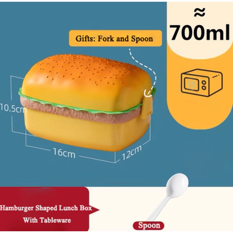 Double Tier Kids Bento Box Hamburger Lunch Container With Fork Microwave Safe Cute Food Box 7