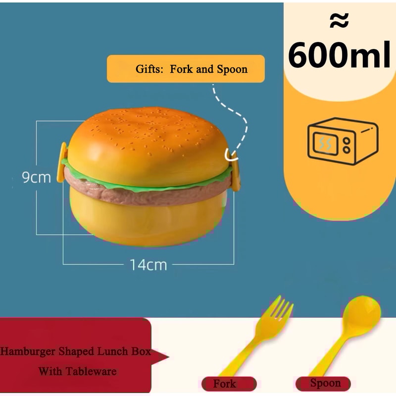 Double Tier Kids Bento Box Hamburger Lunch Container With Fork Microwave Safe Cute Food Box 6