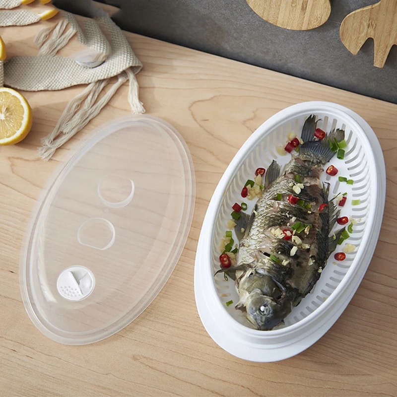Multifunction Microwave Fish Steamer Tray with Lid for Healthy Fast Cooking