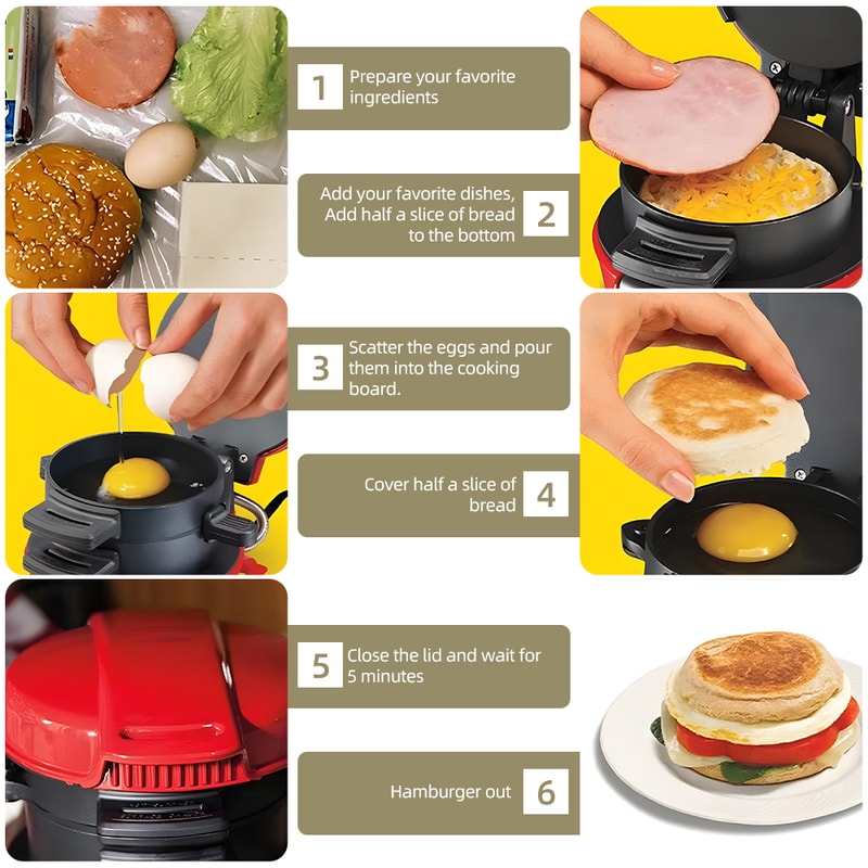Portable Breakfast Sandwich Maker With Egg Ring Nonstick Burger Omelette Toaster 4