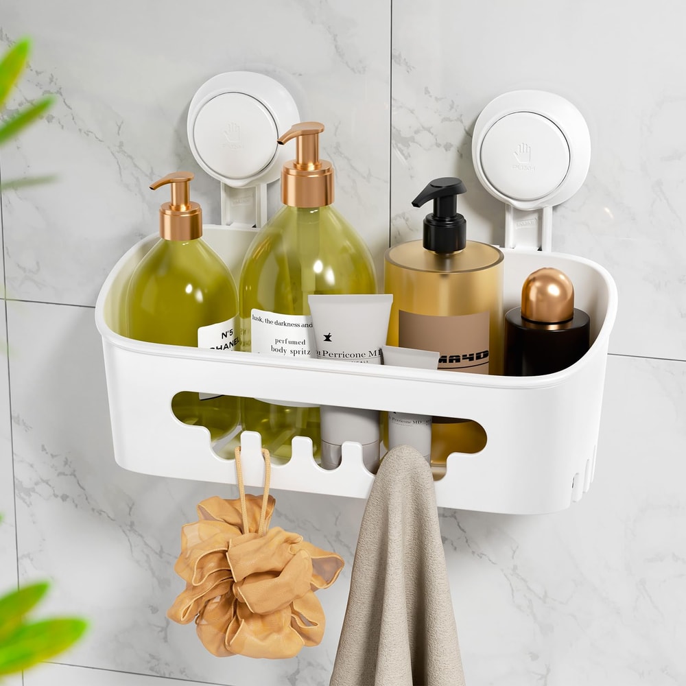 NoDrill Corner Shower Shelf With Suction Cup Storage For Shampoo Makeup Organizer 0
