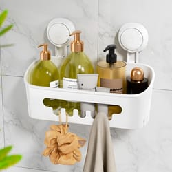 no-drill corner shower shelf with suction cup storage for shampoo makeup organizer