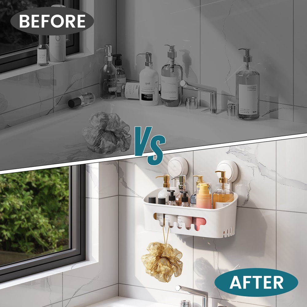 NoDrill Corner Shower Shelf With Suction Cup Storage For Shampoo Makeup Organizer 4
