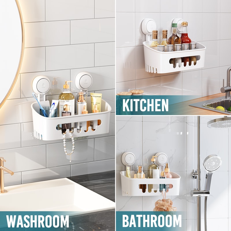 NoDrill Corner Shower Shelf With Suction Cup Storage For Shampoo Makeup Organizer 5