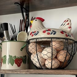 rustic hen-shaped ceramic egg holder with lid farmhouse kitchen organizer