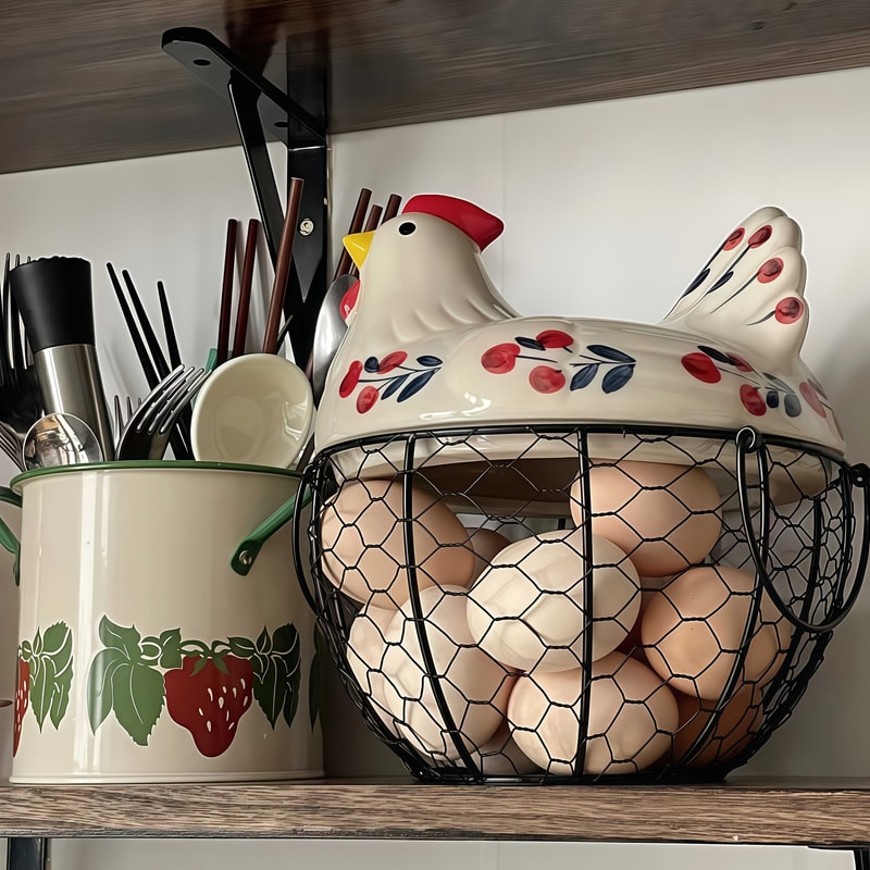 Rustic Hen-Shaped Ceramic Egg Holder with Lid Farmhouse Kitchen Organizer
