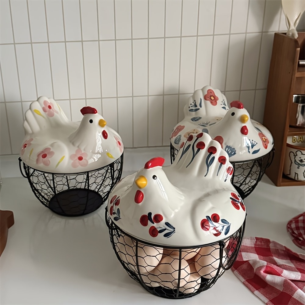 Rustic Hen-Shaped Ceramic Egg Holder with Lid Farmhouse Kitchen Organizer