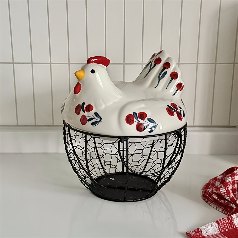 Rustic Hen-Shaped Ceramic Egg Holder with Lid Farmhouse Kitchen Organizer