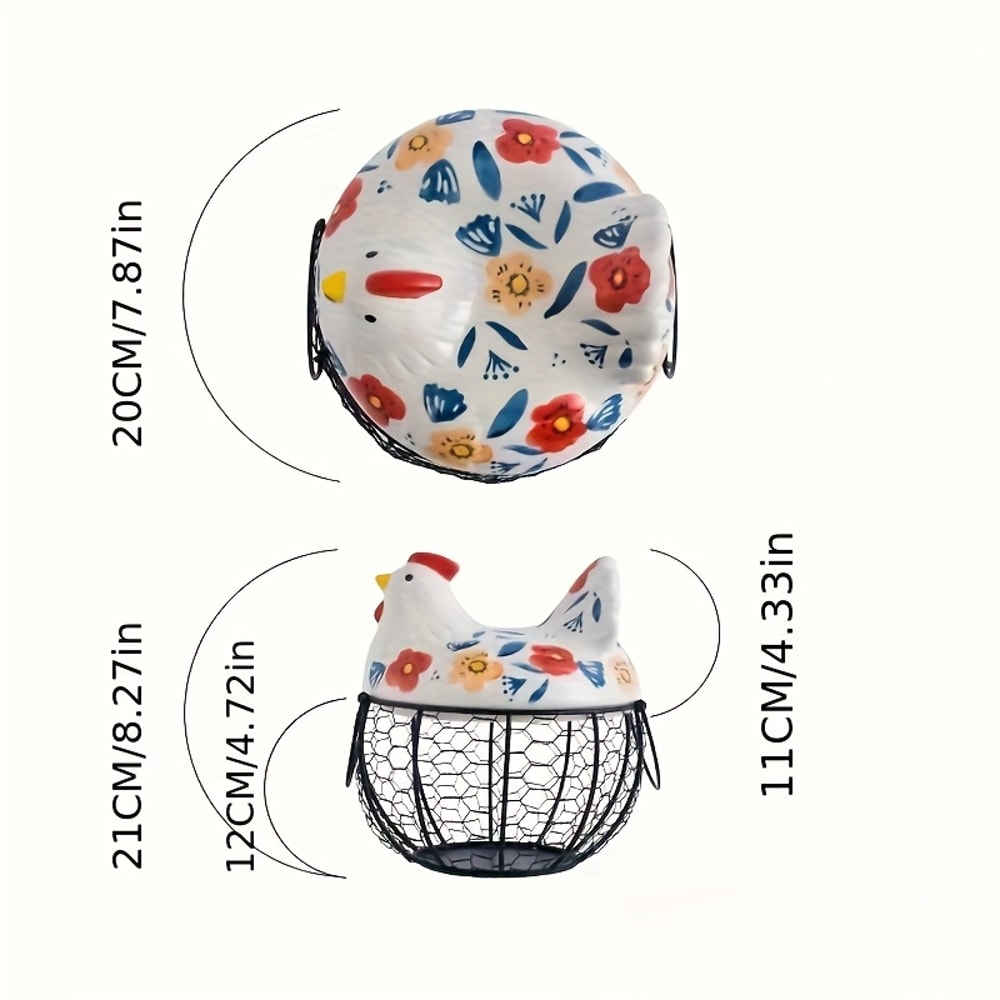 Rustic Hen-Shaped Ceramic Egg Holder with Lid Farmhouse Kitchen Organizer