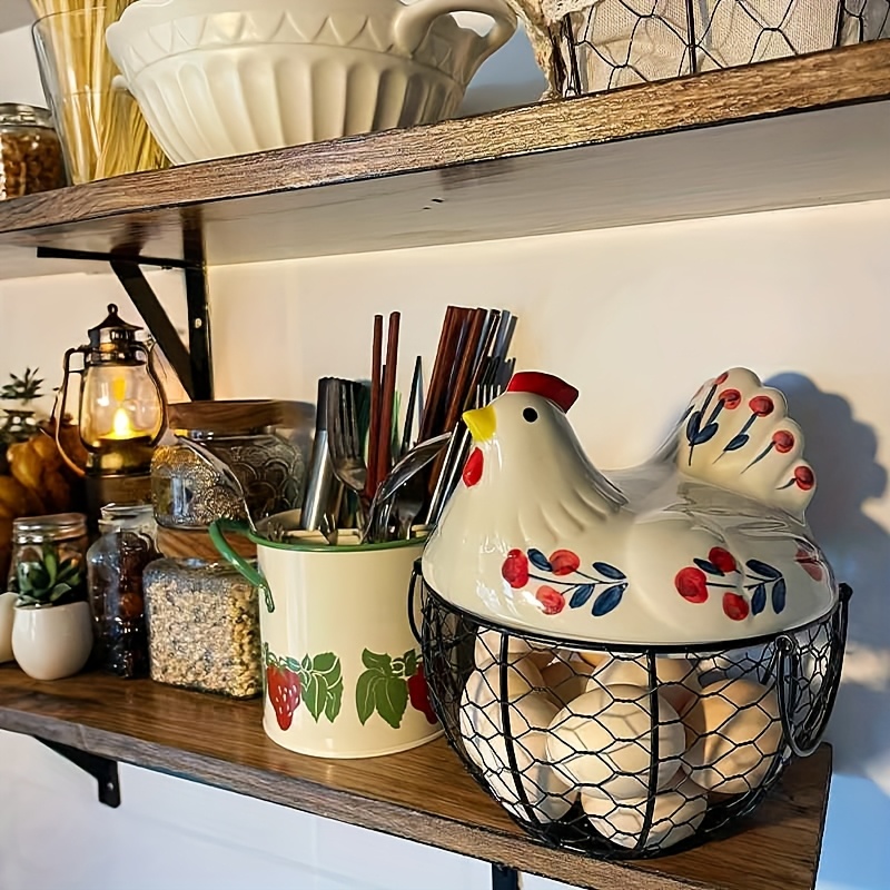 Rustic Hen-Shaped Ceramic Egg Holder with Lid Farmhouse Kitchen Organizer