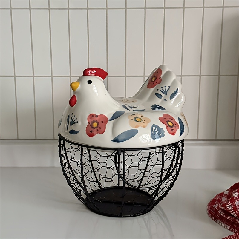 Rustic Hen-Shaped Ceramic Egg Holder with Lid Farmhouse Kitchen Organizer