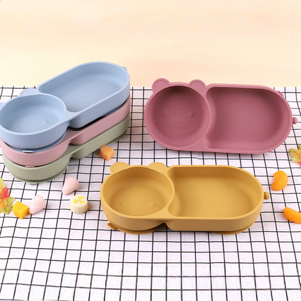 Cute Bear Baby Bowl Food Grade Silicone Double Plate For Meals Macaron Color Suction Cup Bowl 0