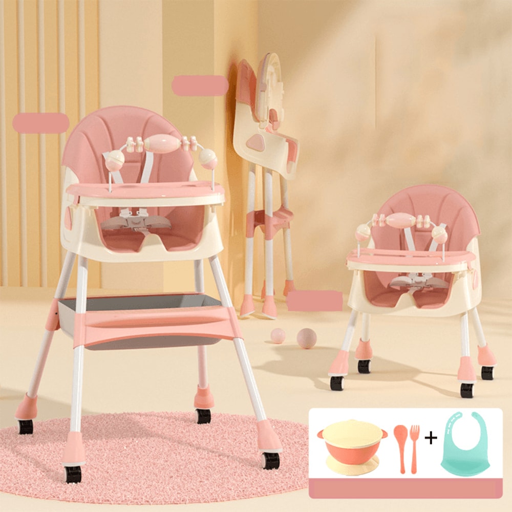 Foldable Baby High Chair with Heights and Toyrack, Easy to Clean Reclining Feeding Table Chair