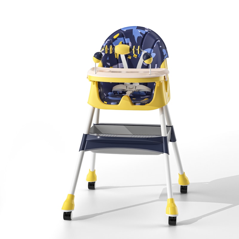Foldable Baby High Chair with Heights and Toyrack, Easy to Clean Reclining Feeding Table Chair