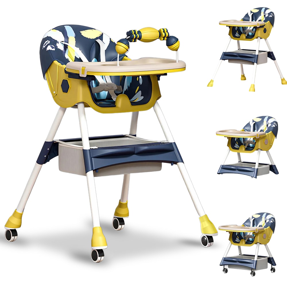 Foldable Baby High Chair with Heights and Toyrack, Easy to Clean Reclining Feeding Table Chair