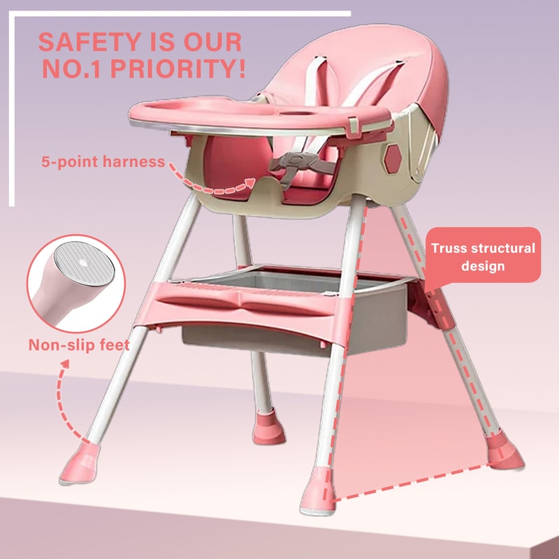 Foldable Baby High Chair with Heights and Toyrack, Easy to Clean Reclining Feeding Table Chair
