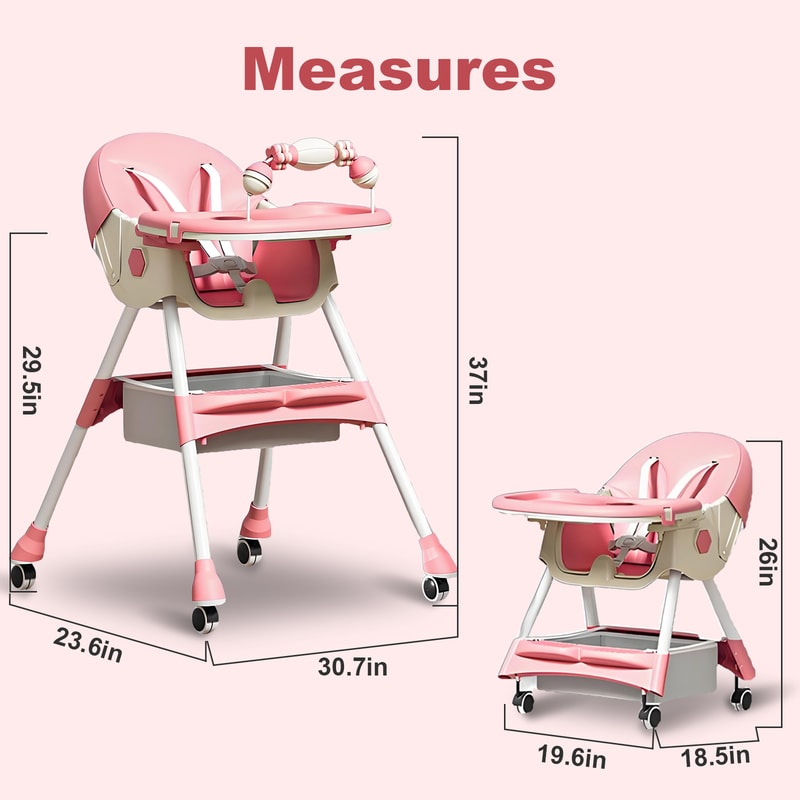 Foldable Baby High Chair with Heights and Toyrack, Easy to Clean Reclining Feeding Table Chair