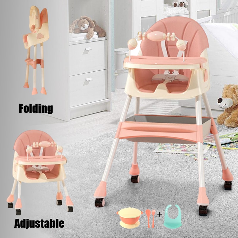 Foldable Baby High Chair with Heights and Toyrack, Easy to Clean Reclining Feeding Table Chair
