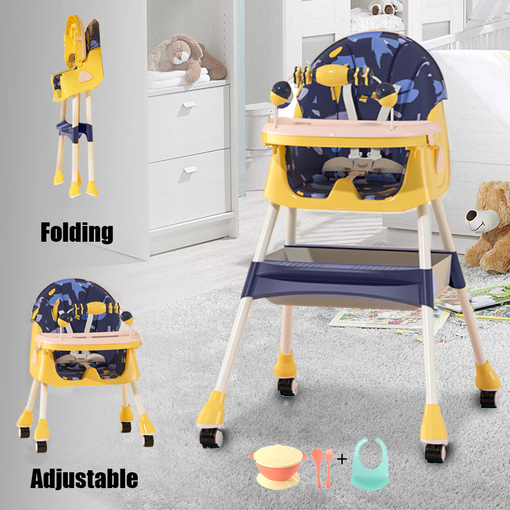 Foldable Baby High Chair with Heights and Toyrack, Easy to Clean Reclining Feeding Table Chair