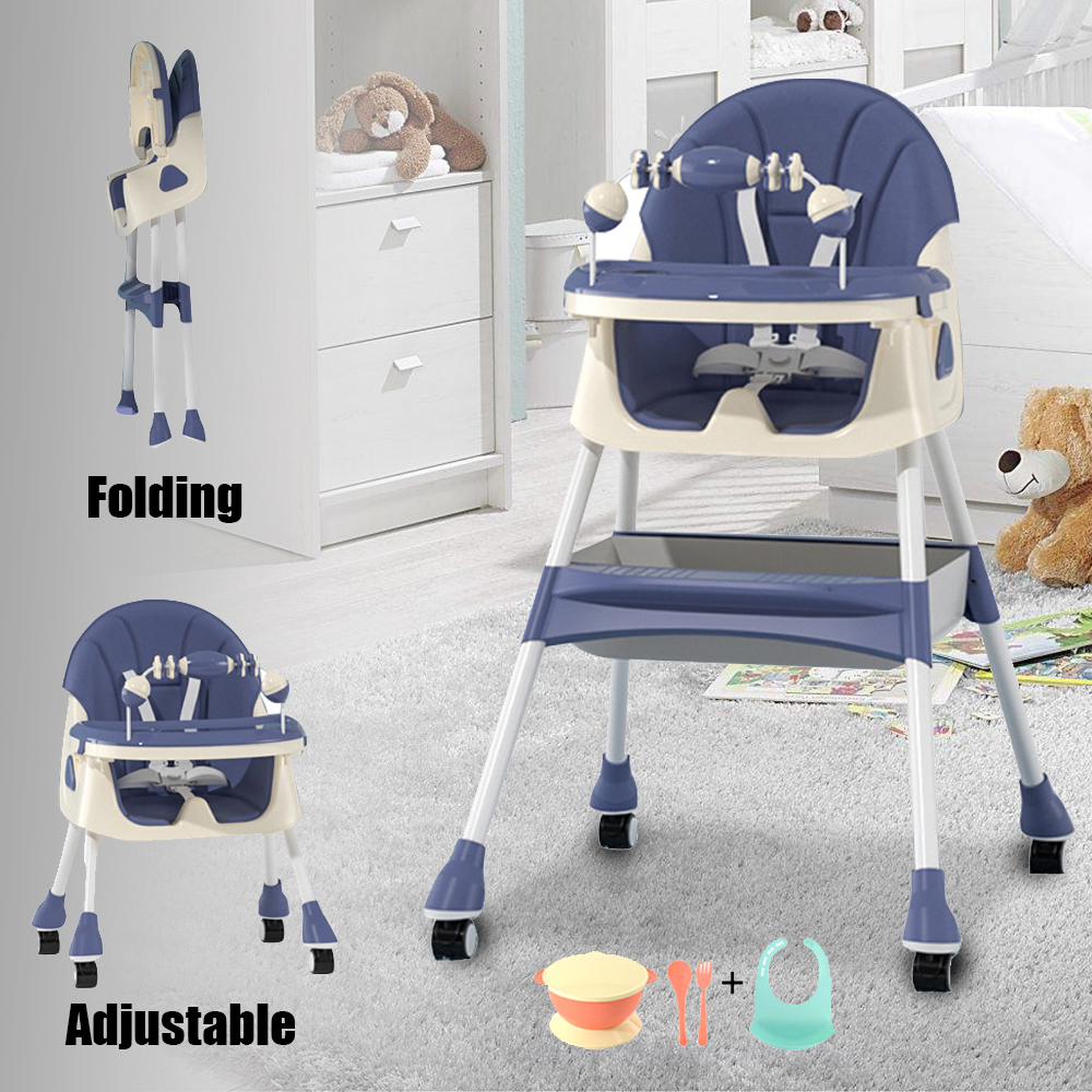 Foldable Baby High Chair with Heights and Toyrack, Easy to Clean Reclining Feeding Table Chair